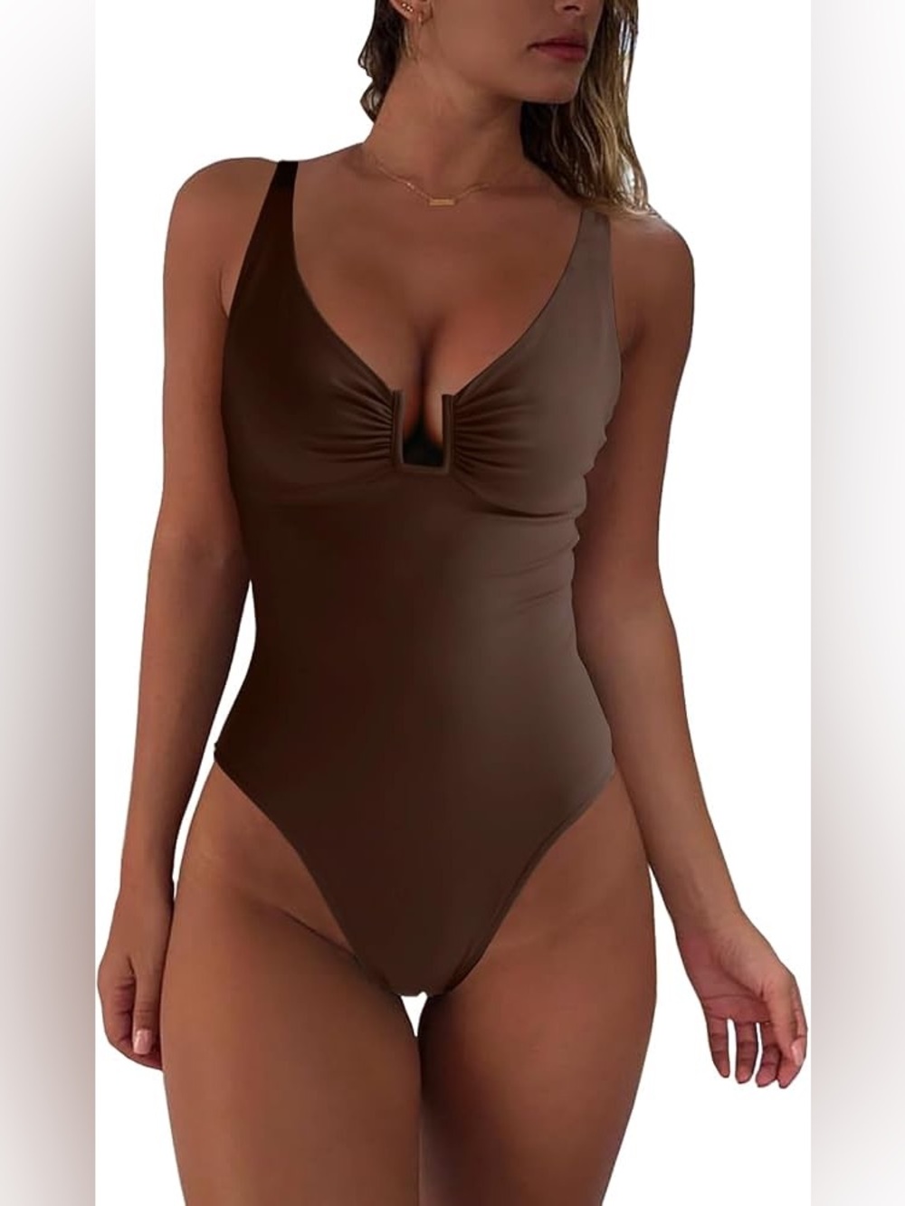 Solid Brown V-Notch One-Piece Swimsuit - Women